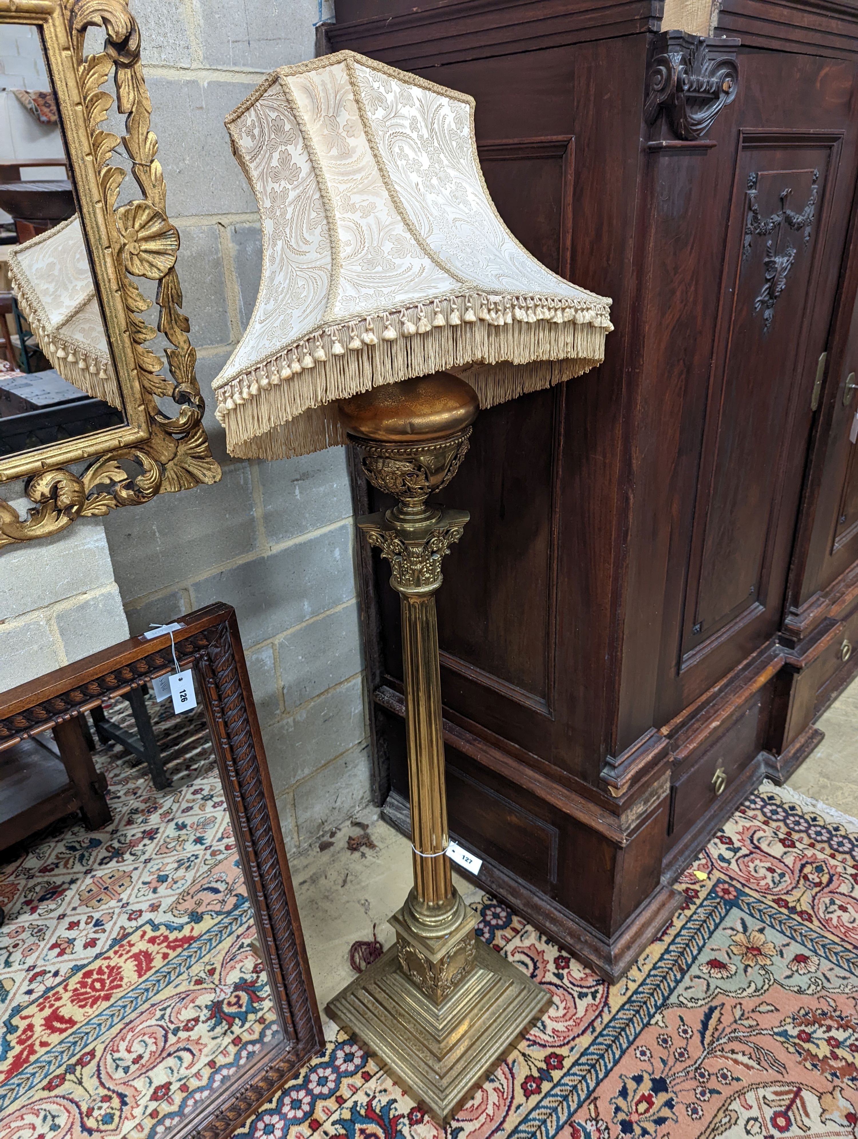 A late Victorian lacquered brass corinthian column oil lamp standard, converted to electricity, height excluding shade 144cm